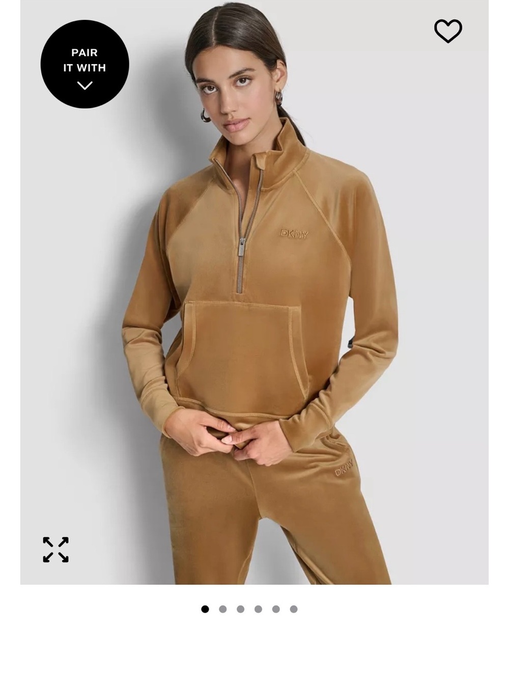 DKNY Women's Caramel 1/4 Zip Velour Set With Embroidered Logo